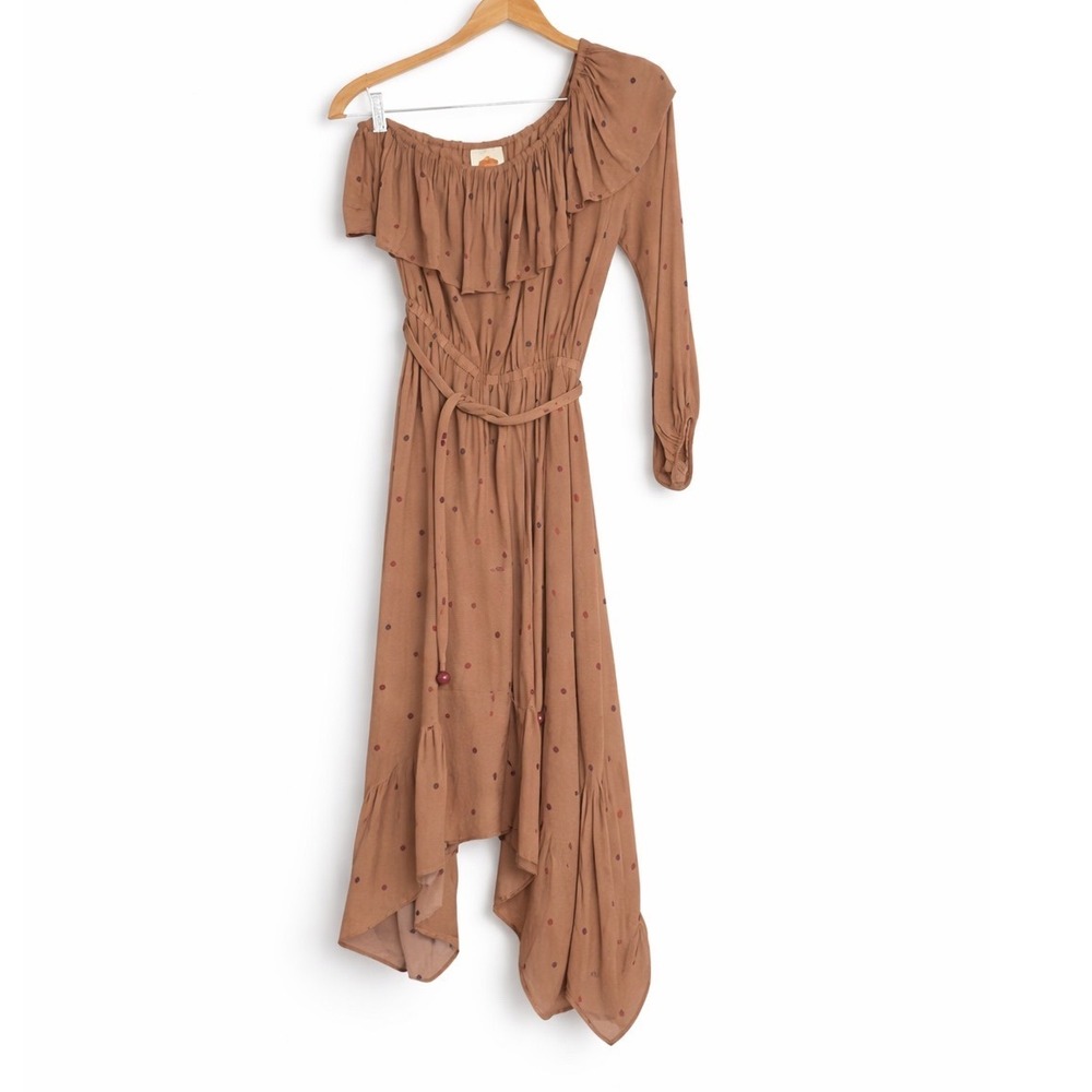 FARM Rio Women's Brown Ruffle One Shoulder Polka Dot Midi Dress Size Small - Picture 2 of 8
